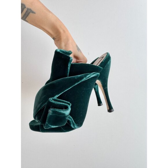 NWOB N.21 Dark Green Velvet Bow Knotted Peep Toe High Heel Mules, Size 36 - Picture 7 of 16